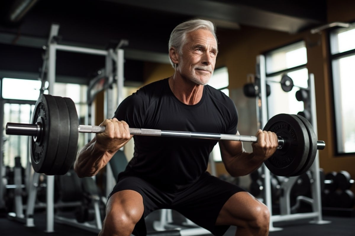 It shows an older man lifting weights.