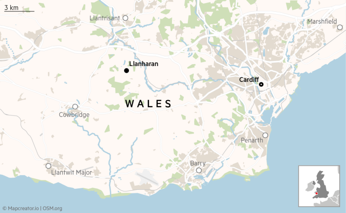 The locator map shows Llanharan in Wales